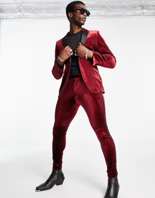 ASOS DESIGN super skinny velvet tuxedo in burgundy | ASOS (Global)