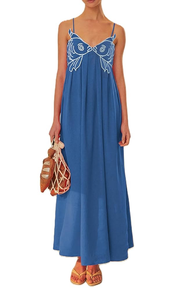 UAURORAO Women Koi Fish Maxi Dress 3D Embroidered Sardine Long Cami Dress Spaghetti Strap Boho Fl... | Amazon (US)