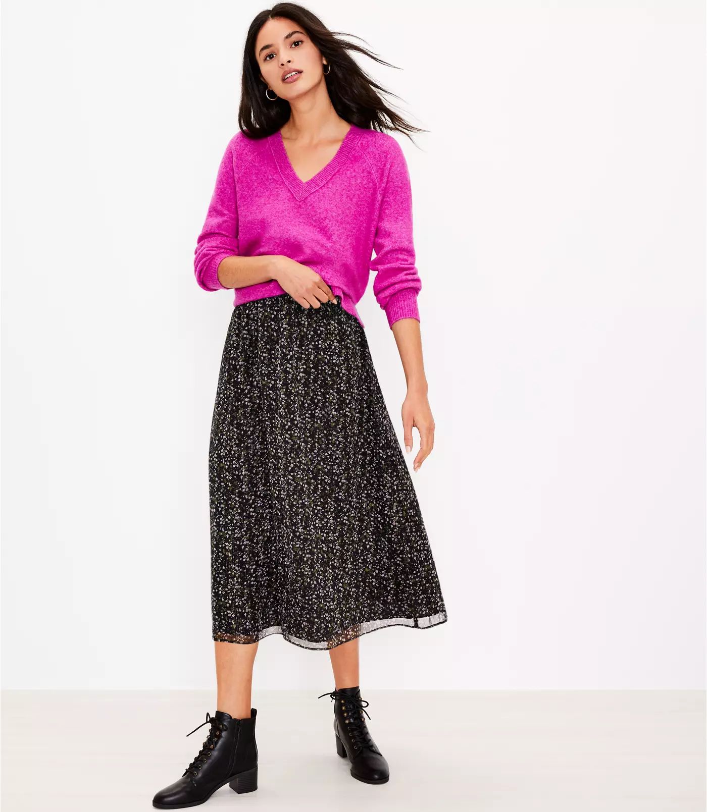 Shimmer Velvet Trim Midi Skirt | LOFT | LOFT