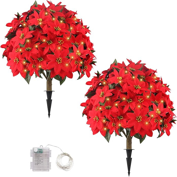Sunnyglade 27" Set of 2 Artificial Poinsettia Flower Topiary Trees with 100LED Lights, Faux Xmas ... | Amazon (US)