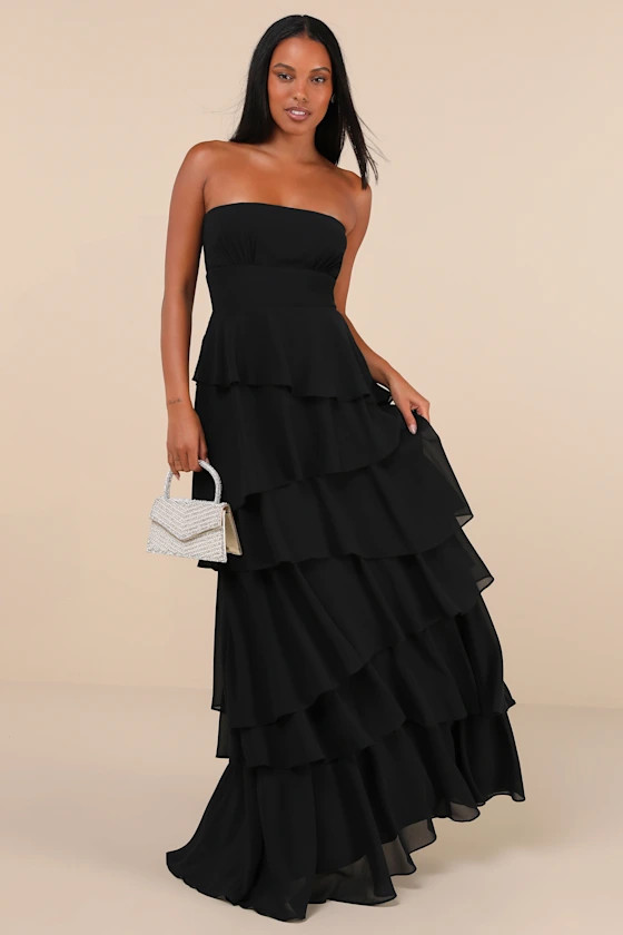 Gorgeous Essence Black Strapless Tiered Maxi Dress | Lulus