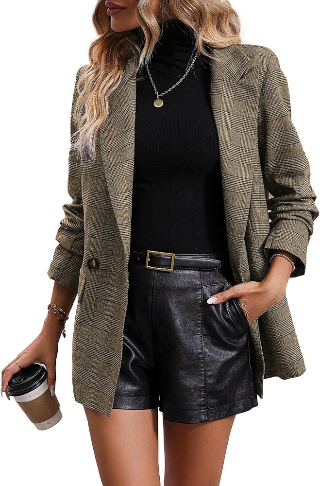 2025 Women's Fall Winter Plaid Houndstooth Blazer Jacket Button Notch-Lapel Business Casual Elega... | Amazon (US)