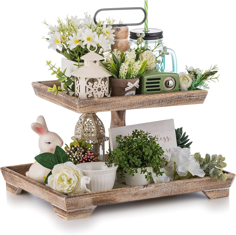 Hanobe Farmhouse Tiered Tray Stand: Rustic Wood 2 Tier Serving Tray Decor Two Rectangle Wooden fo... | Amazon (US)