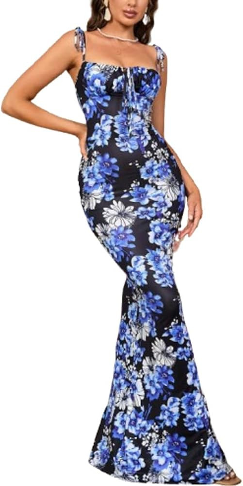 Spevert Women's Summer Floral Maxi Dress Sexy Bodycon Square Neck Spaghetti Strap Backless Long Dresses for Party Vacation | Amazon (US)