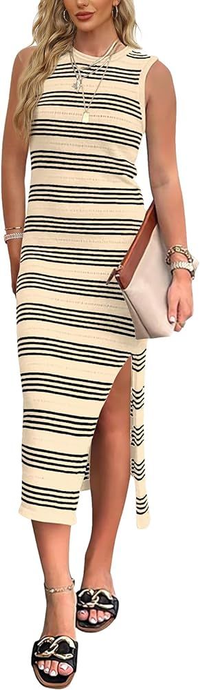 WIHOLL Womens Bodycon Summer Casual Midi Sundress Sleeveless Cute Hollow Out Knit Side Slit Strip... | Amazon (US)