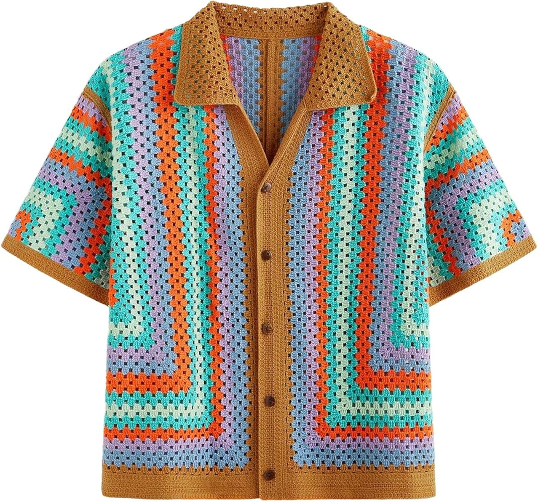 Men's Striped Crochet Shirts Hollow Out Button Down Shirt Short Sleeve Summer Knit Top Vintage Be... | Amazon (US)