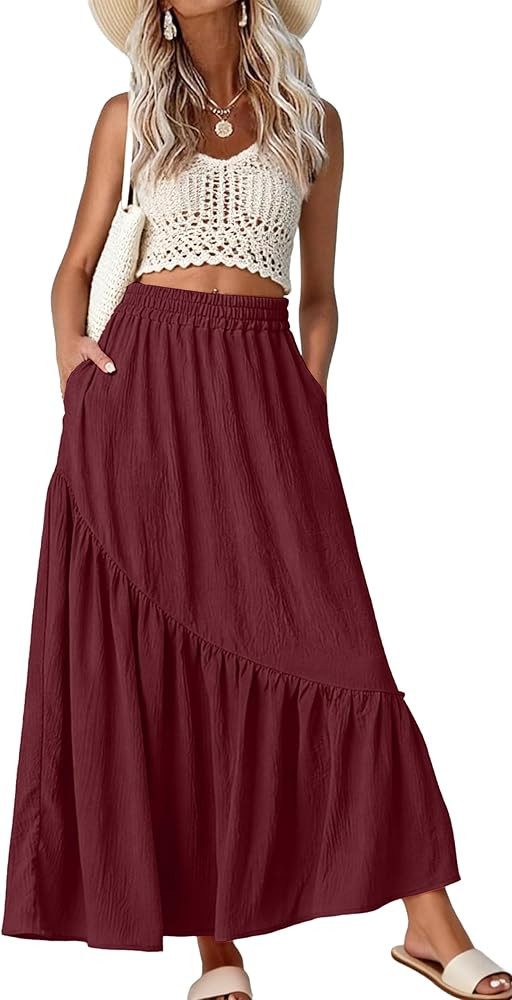 GRECERELLE Women's Maxi Skirt High Waist Tiered A-Line with Pockets | Amazon (US)