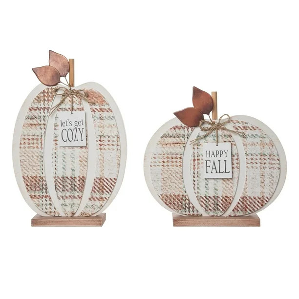 Transpac Wood 13.78 in. Multicolored Harvest Neutral Plaid Pumpkin Decor, Set of 2 | Walmart (US)
