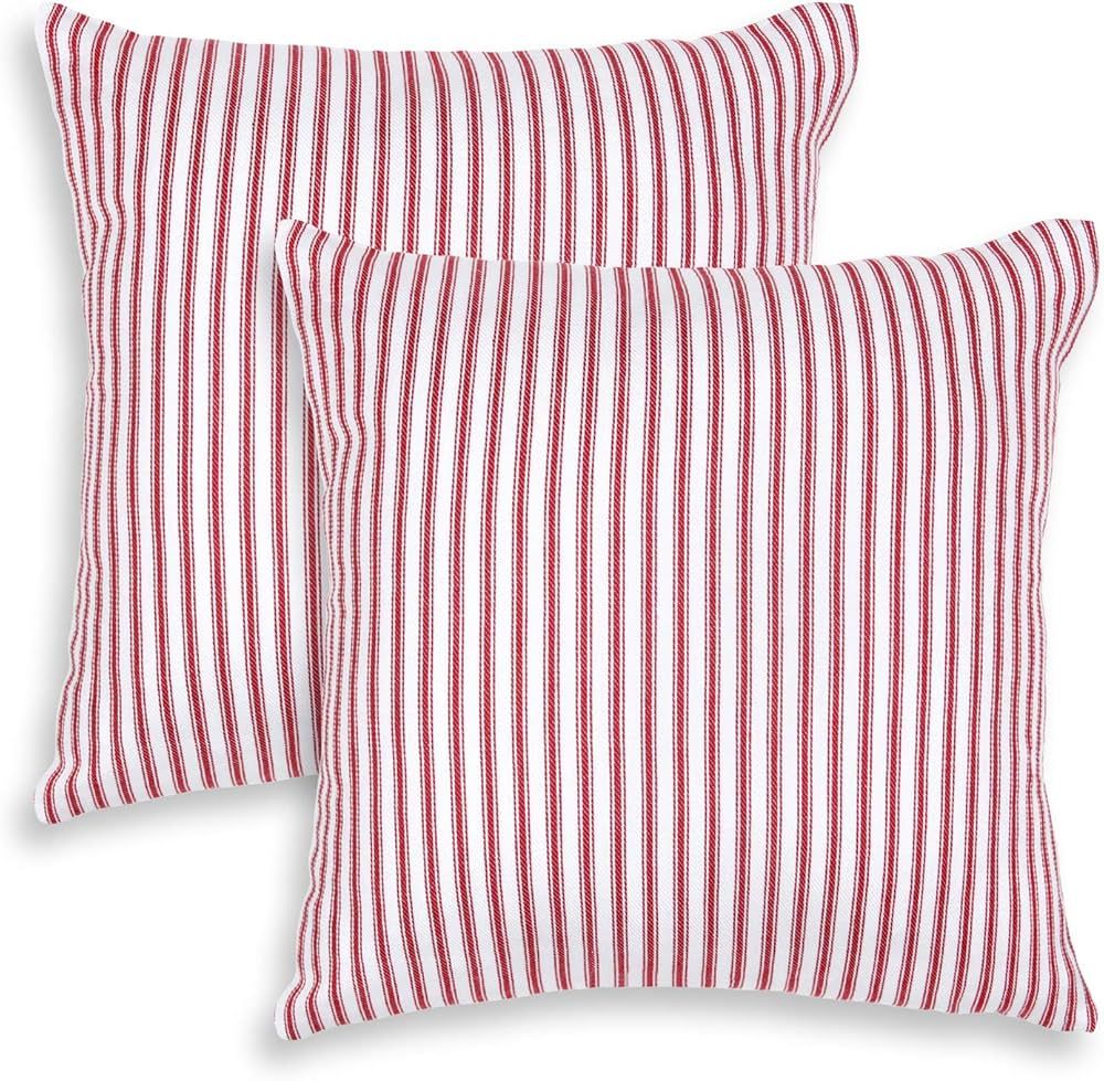 Cackleberry Home Red and White Ticking Stripe Woven Cotton Decorative Square Throw Pillow Case Co... | Amazon (US)