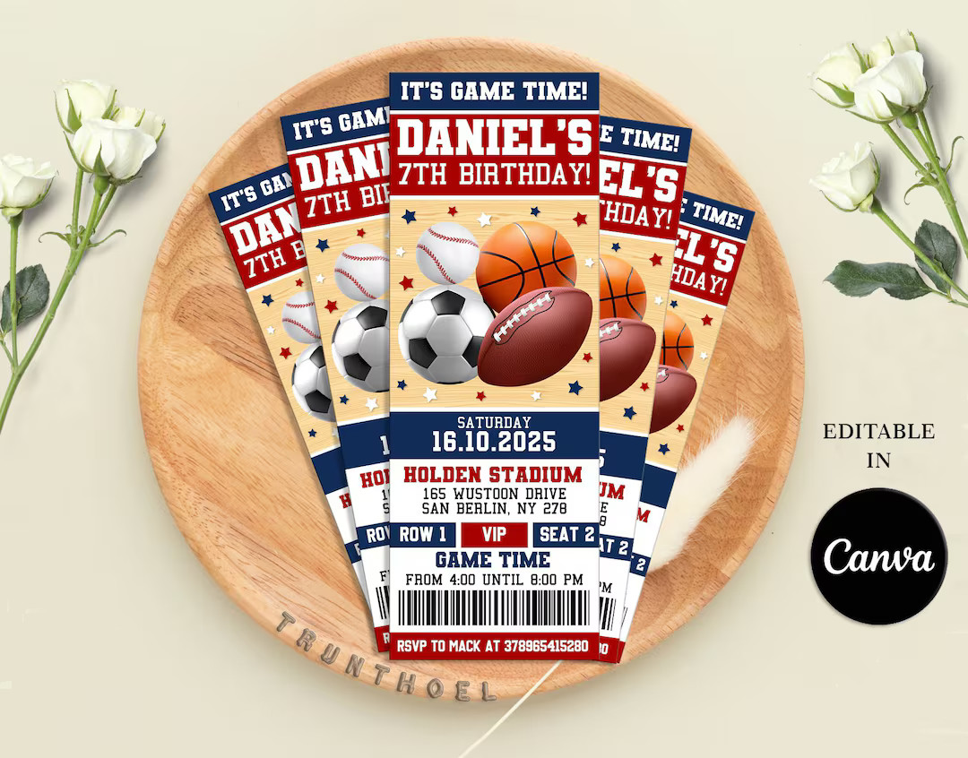 All Star Sport ticket Invitation, Sports Birthday Invitation, Football, baseball, basketball, soc... | Etsy (US)