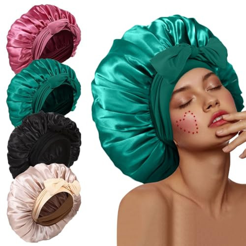 4Pcs Silk Bonnet for Sleeping, Satin Hair Bonnets for Sleeping Black Curly Hair Women Extra Large Jumbo Bonnet with Tie Band Braids | Amazon (US)