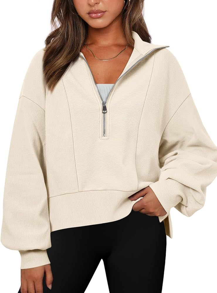 EFAN Womens Half Zip Up Cropped Hoodies Pullovers Sweatshirts Quarter Zipper Rib Knit Sweaters Fa... | Amazon (US)