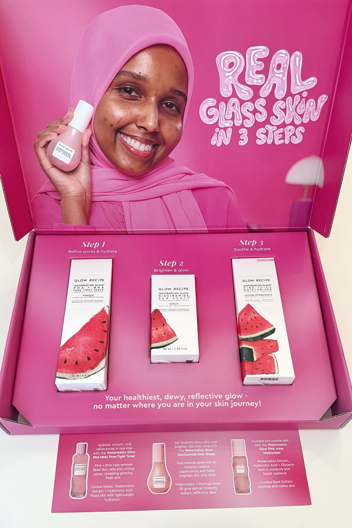 Glow Recipe Real Glass Kit: Watermelon PHA + BHA Toner, Niacinamide dew drops, & Pink Juice moisturizer. 

#LTKBeauty