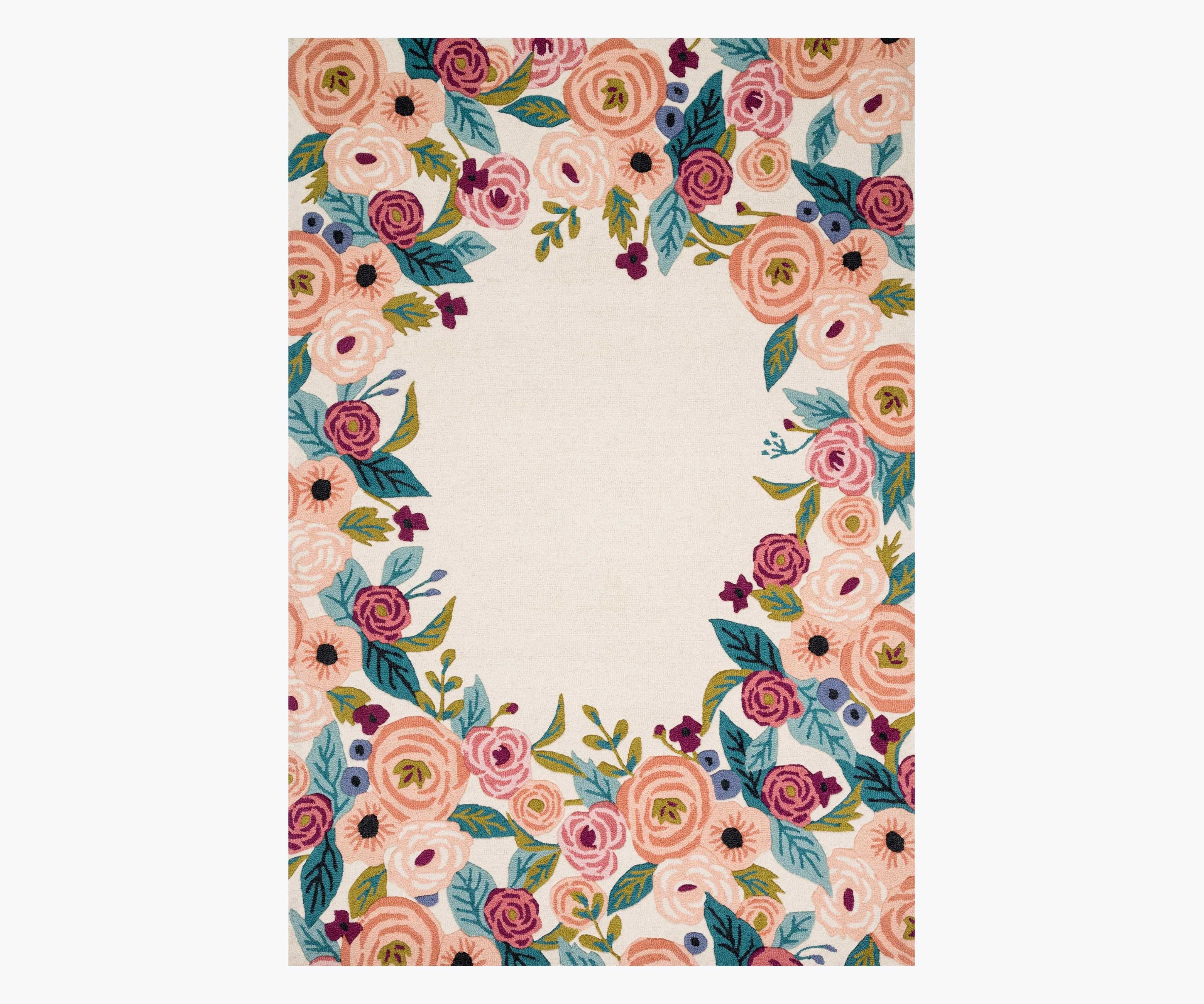 Juliet Rose Wreath Ivory Wool-Hooked Rug | Rifle Paper Co.