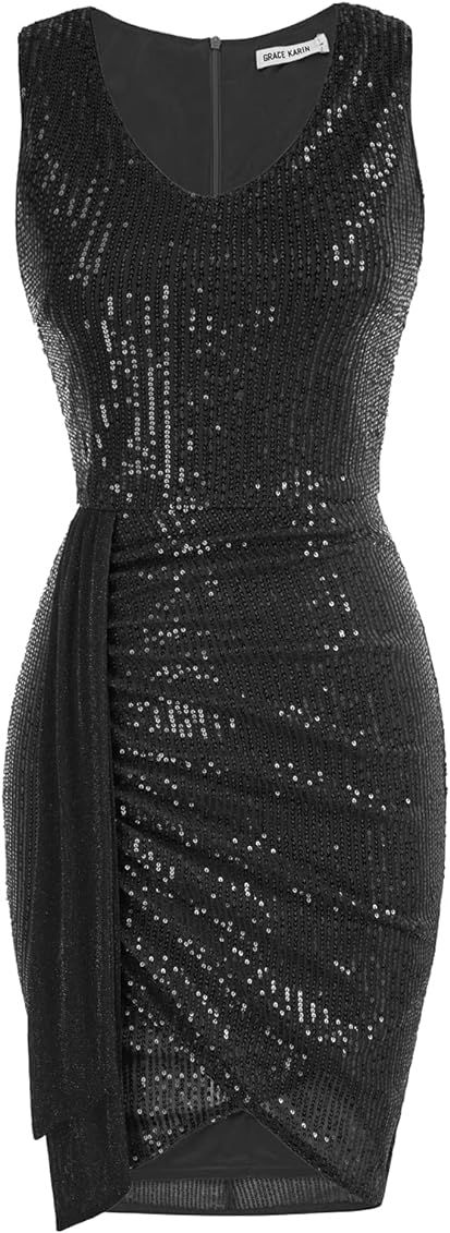 GRACE KARIN Women Sparkly Sequin Dress Sleeveless V Neck Sexy Club Party Cocktail Dress | Amazon (US)