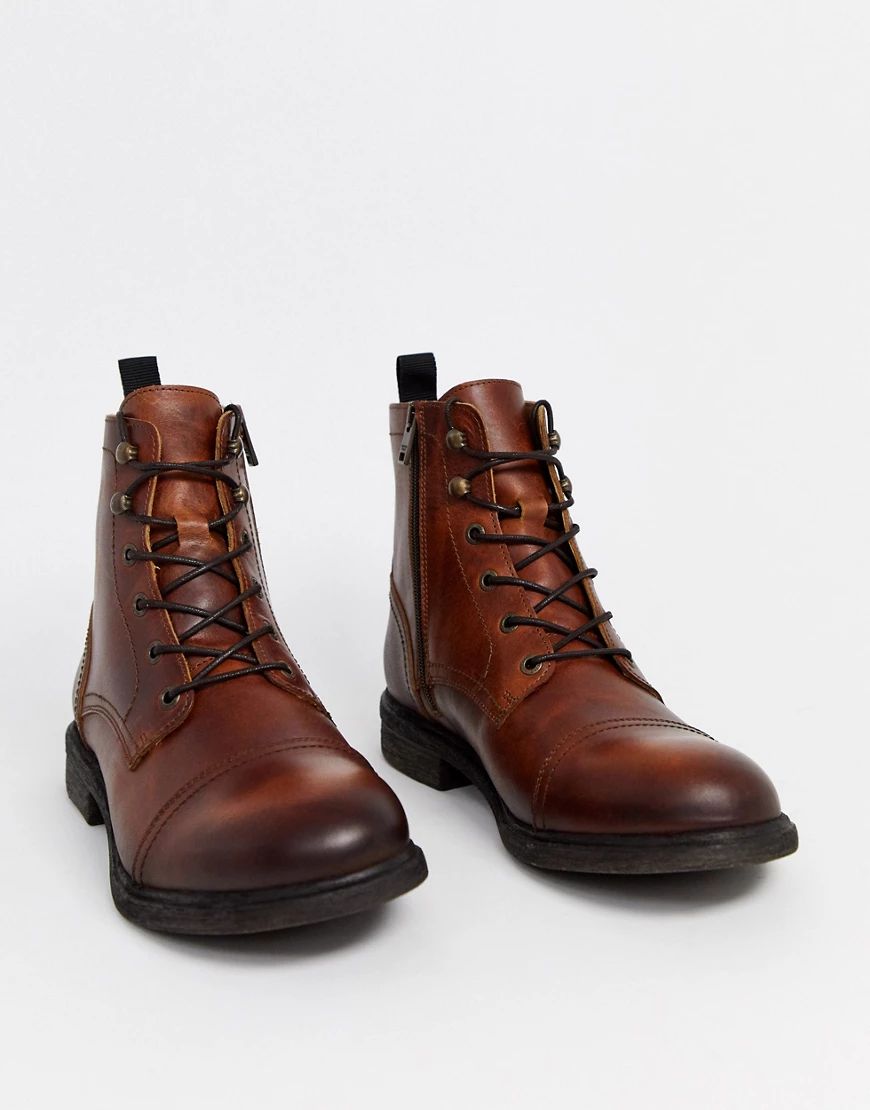 Selected Homme lace up leather biker boots in tan-Brown | ASOS (Global)