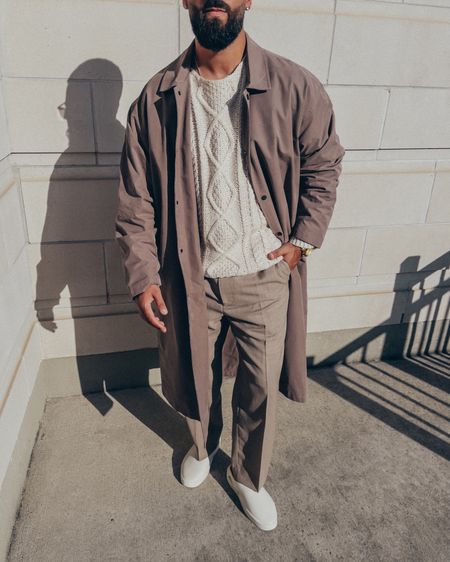 ESSENTIALS Long Coat in ‘Wood’ (size M) and Cable Knit Sweater in ‘Egg Shell’ (size M). FEAR OF GOD Double Pleated Trousers in ‘Beige’ (size 48) and California slides in ‘Greige’ (size 41). FEAR OF GOD x BARTON PERREIRA glasses in ‘Matte Taupe’. A relaxed and elevated men’s look that makes for great office / work wear or date night look. Some pieces from this look are currently on sale up to 30% off 

#LTKstyletip #LTKmens #LTKsalealert