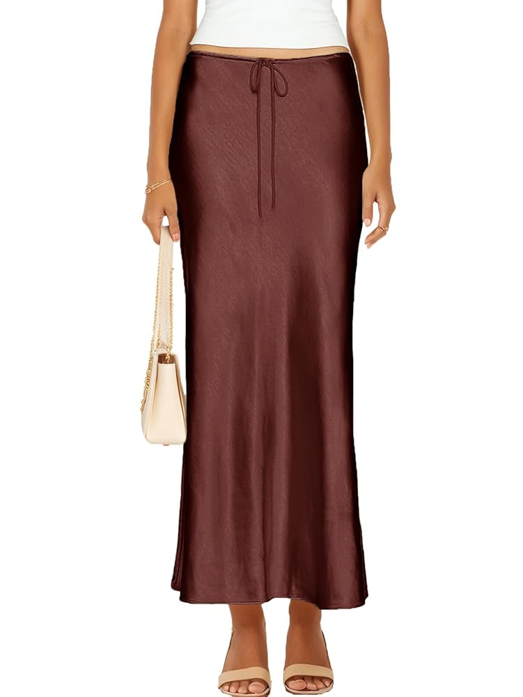 Womens Satin Silk Maxi Skirts Drawstring Flared Casual A-Line Long Skirt for Women | Amazon (US)