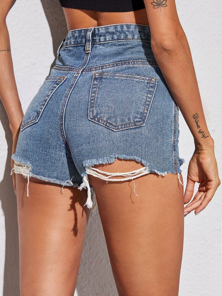 Ripped Raw Hem Denim Shorts Without Belt Bag | SHEIN