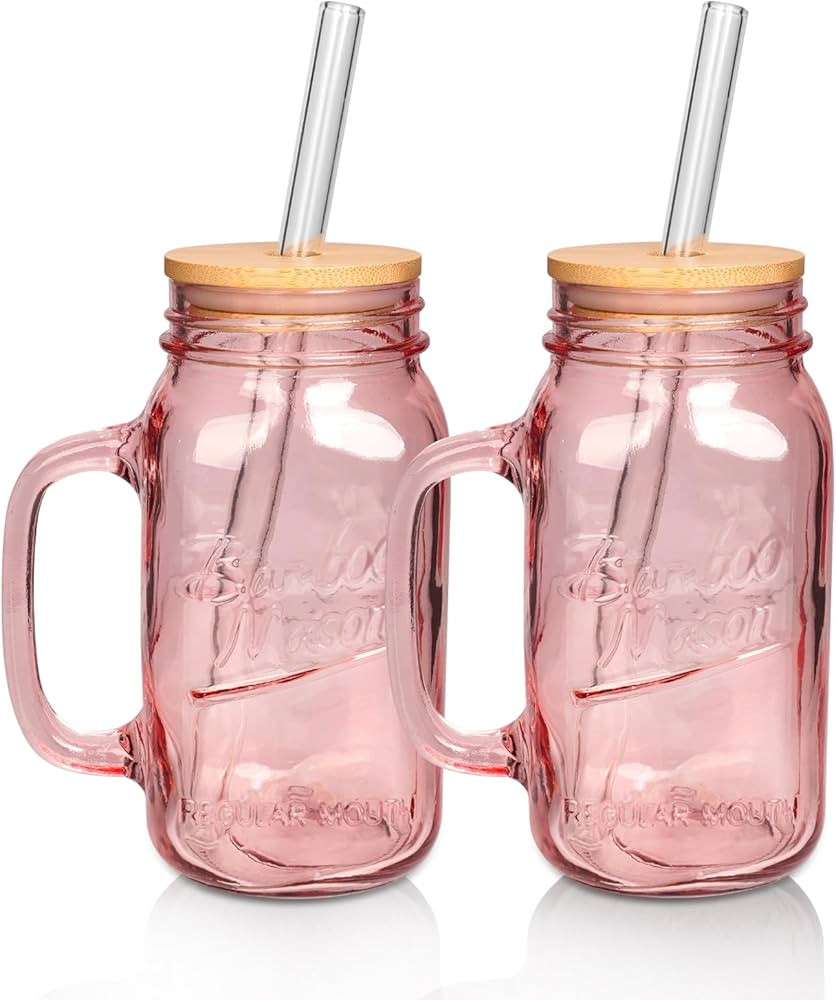 ANOITON Tumbler with Handle and Straw, 24oz Pink Mason Jars with Handles Drinking Glasses Pink Gl... | Amazon (US)
