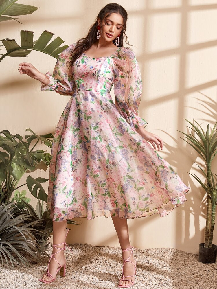 SHEIN Floral Lantern Sleeve Dress | SHEIN
