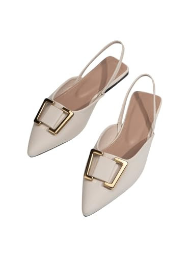 OYOANGLE Women's Metal Decor Pointed Toe Slingback Flats Slip on Ankle Strap Flat Shoes Beige 8.5 | Amazon (US)