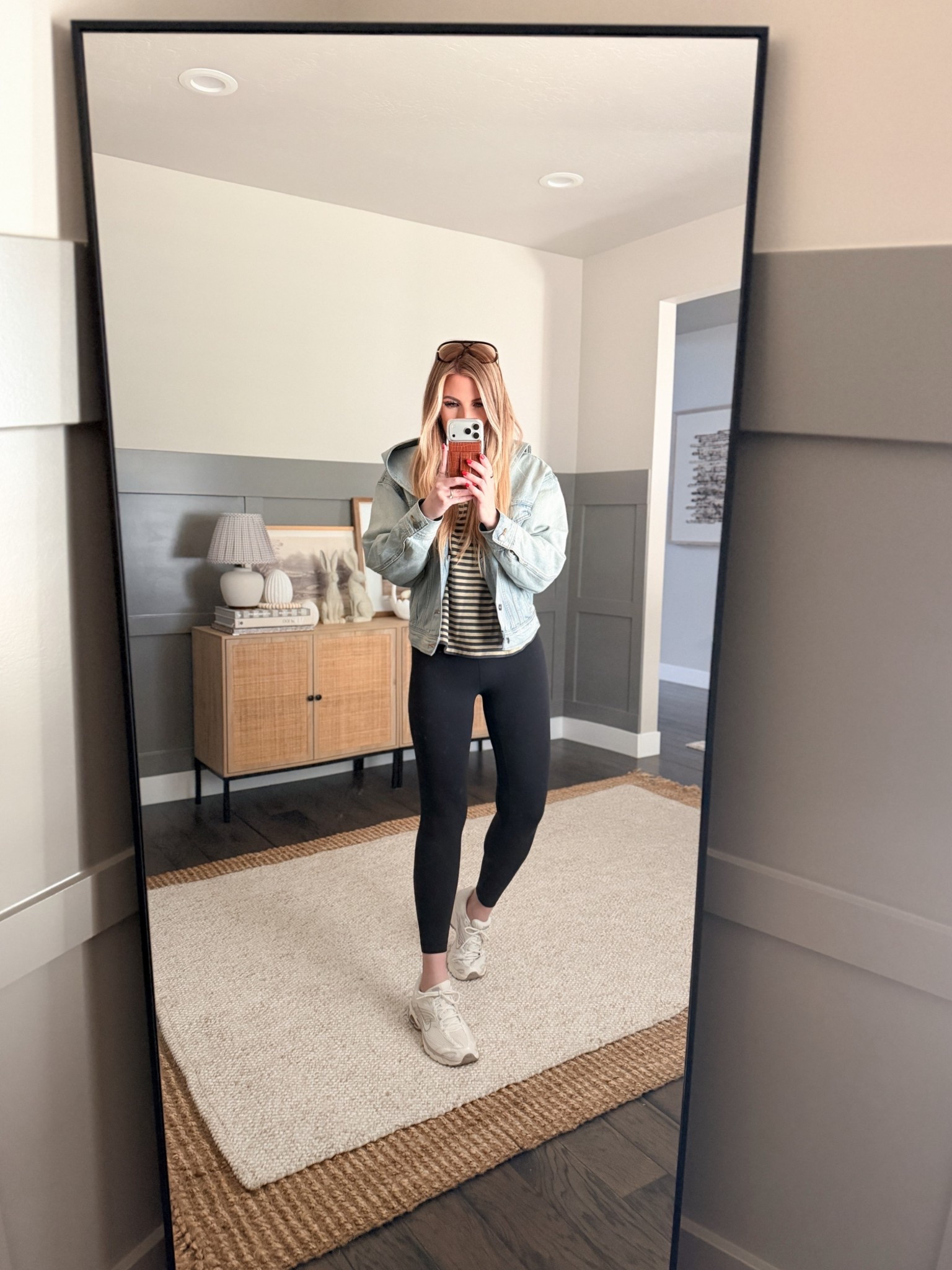 Monday errands outfit. Easy spring outfit that still feels put together. Lightweight layers, clean neutrals, & pieces you’ll actually reach for on repeat. This jacket is that perfect in-between weight & the stripes keep it from feeling too basic. Paired with everyday leggings & comfy sneakers for a casual, pulled-together look that works for errands, school runs, & everything in between.

spring outfit 2026 - spring style women - casual spring outfit - everyday spring outfit - neutral spring outfit - light layer outfit - denim jacket outfit women - striped top outfit - black leggings outfit - athleisure spring outfit - comfy casual outfit - mom style outfit - elevated basics outfit - capsule wardrobe spring - minimal spring style - effortless outfit idea - weekend outfit spring - sneakers outfit women - laid back style - clean girl aesthetic outfit

#LTKootd #LTKmomlife #LTKdayinmylife
