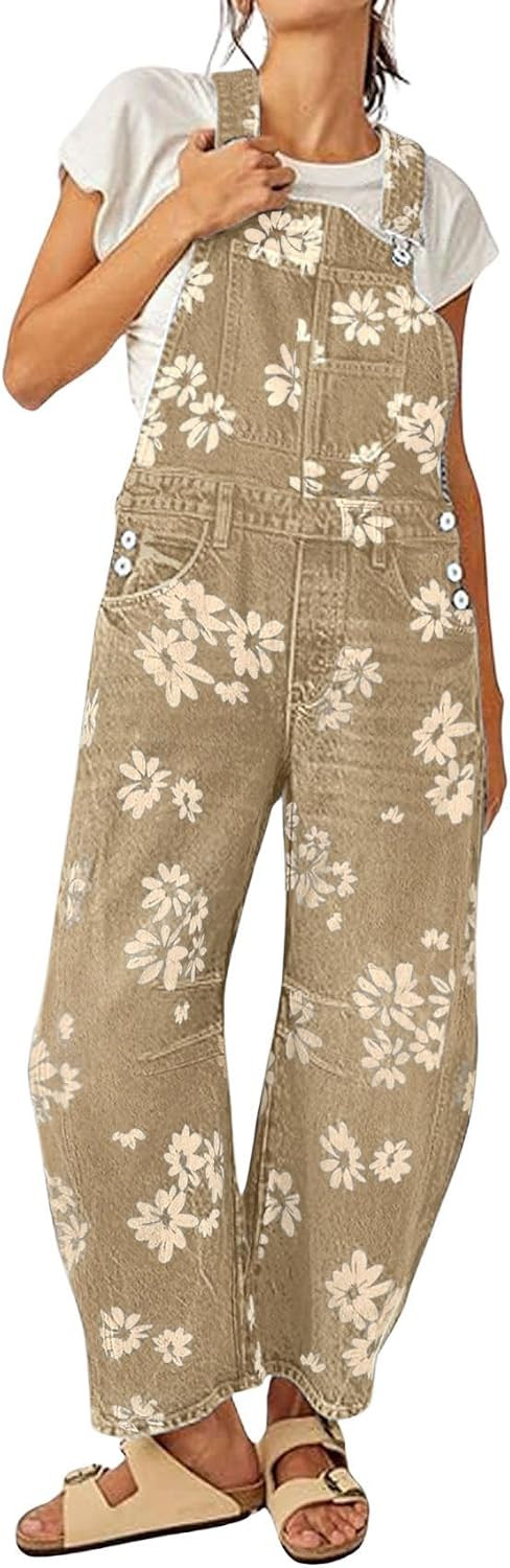Women Floral Print Denim Overalls Baggy Barrel Jeans Patchwork Denim Pants Y2k Straps Wide Leg Jumpsuit One Piece | Amazon (US)