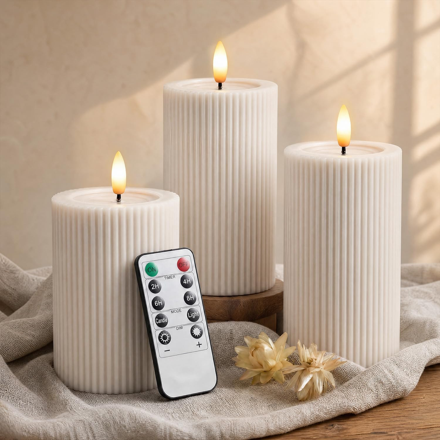 Fluted Ribbed LED Pillar Candles, Cream Beige, with Realistic Reflective Melted-Wax Effect – Flickering Flame, Remote, Dimmable, Flameless, Battery Operated, Home & Wedding Decor (Set of 3) | Amazon (US)