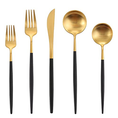 Matte Black Gold Silverware Set, Oliviola 20-Piece Stainless Steel Flatware Cutlery Set Service for 4, Satin Finish Kitchen Utensil Set, Dishwasher Safe | Amazon (US)