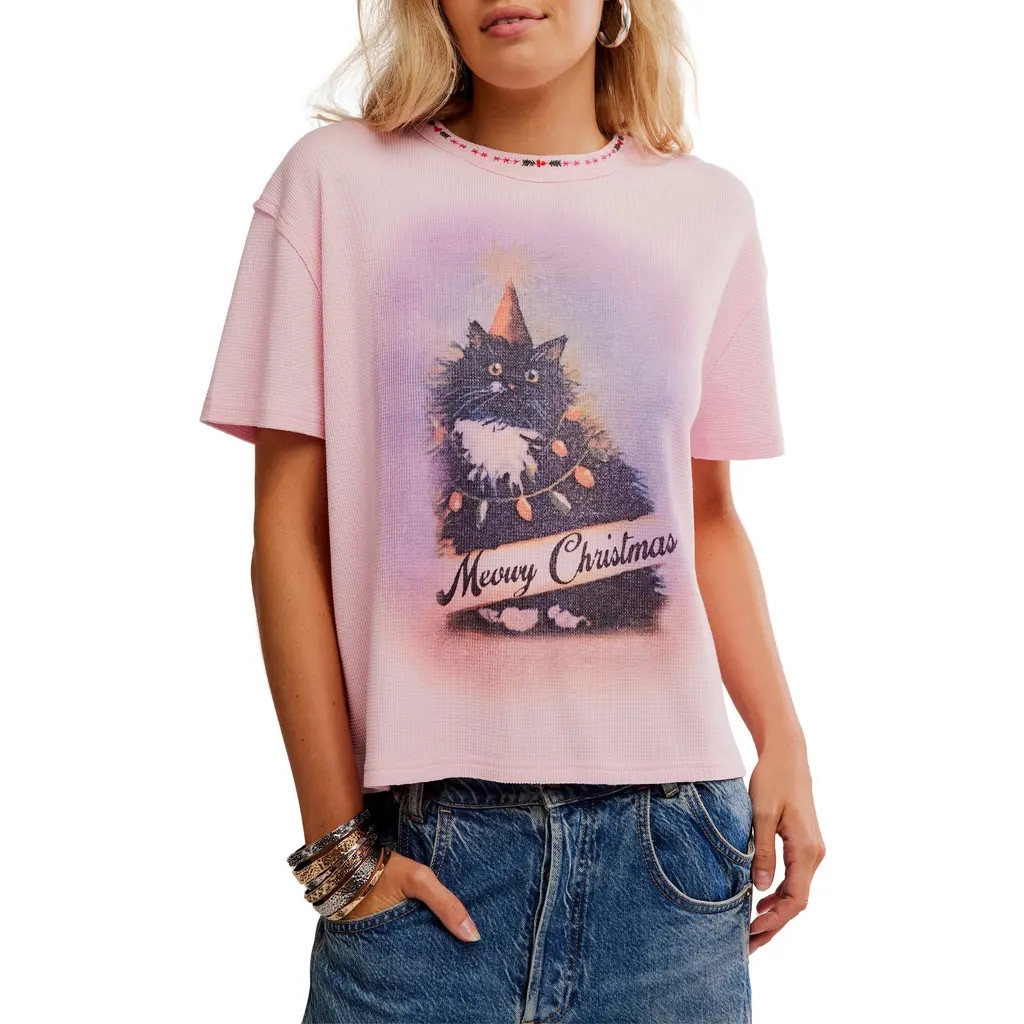 Free People Merry Holiday Waffle Knit Cotton Graphic T-Shirt in Pink Combo at Nordstrom Rack, Size Medium | Nordstrom Rack