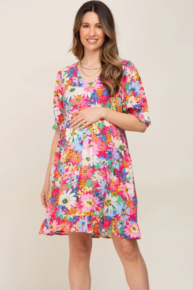 Fuchsia Floral V-Neck Puff Sleeve Maternity Dress | PinkBlush Maternity