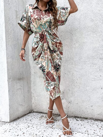 Paisley Print Batwing Sleeve Belted Satin Shirt Dress | SHEIN