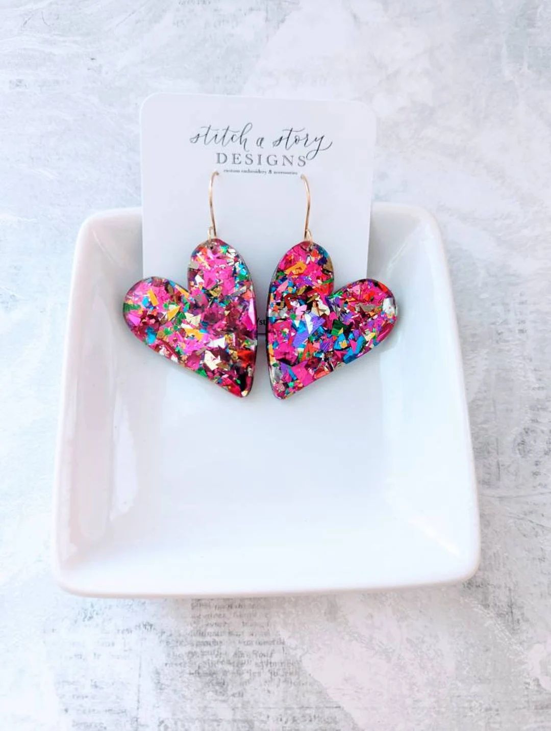Acrylic Chunky Glitter Heart Earrings, Dangle Heart Earrings, Wonky Heart Earrings, Valentine Ear... | Etsy (US)