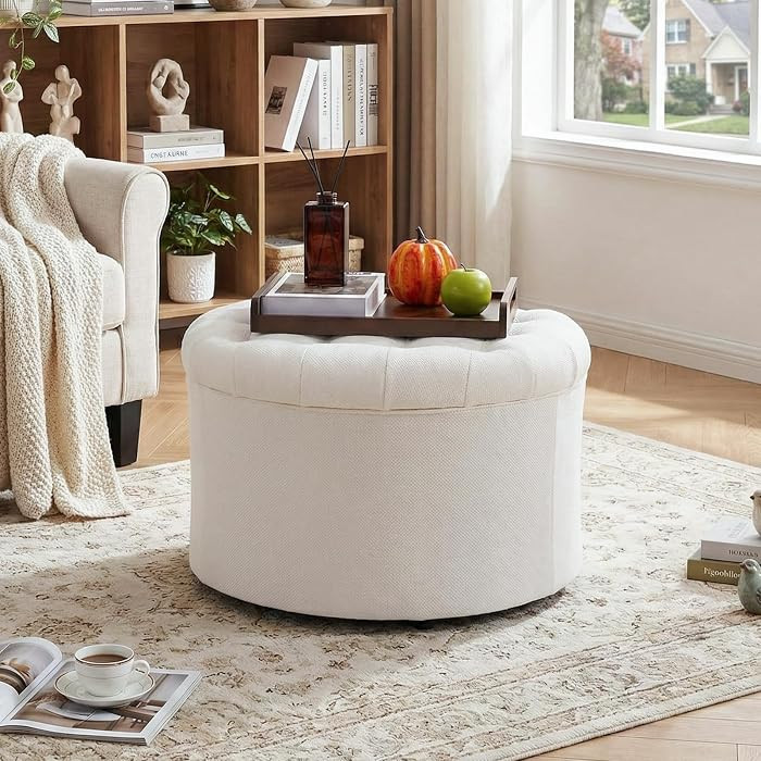 ONBRILL 25" Ottoman with Storage, Round Pouf Ottoman Foot Rest, Small Storage Foot Stool for Couc... | Amazon (US)