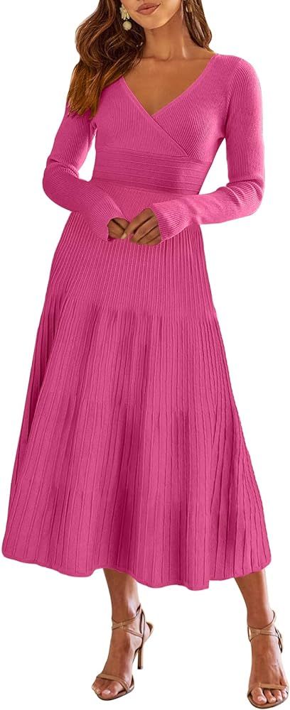 ANRABESS Women's Wrap Midi Sweater Dresses Long Sleeve V Neck High Waist Ribbed Knit Pleated A-Li... | Amazon (US)