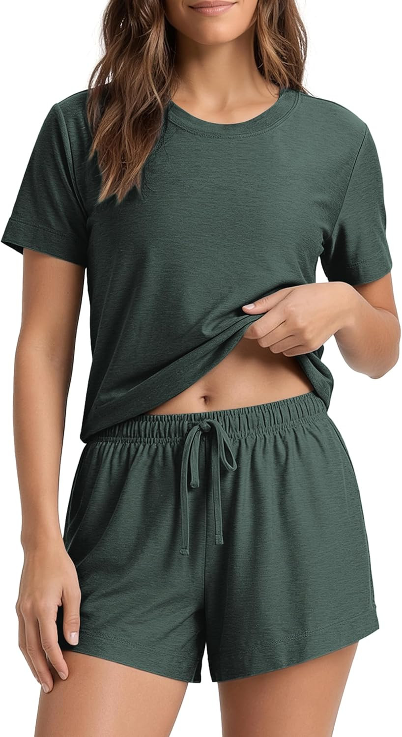 ODODOS Women's 2 Piece Lounge Set - Ultra Soft odSTRATUM Tech Lightweight Short Sleeve T-shirt & Shorts, Home Pajama Wear | Amazon (US)