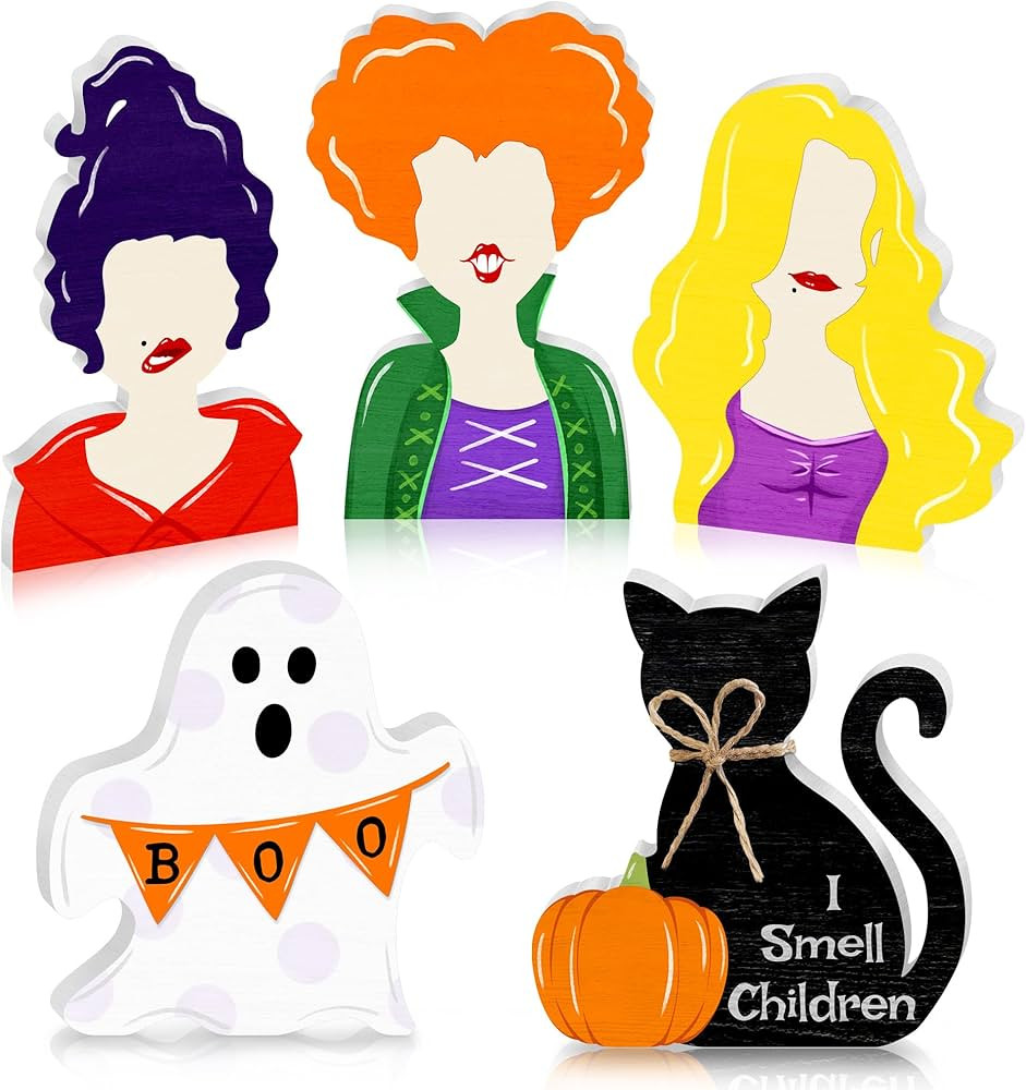 Halloween Table Decor, 5 Pcs Witches Wooden Signs Hocus Pocus Black Cat Cute Ghost Wood Decor, Fa... | Amazon (US)