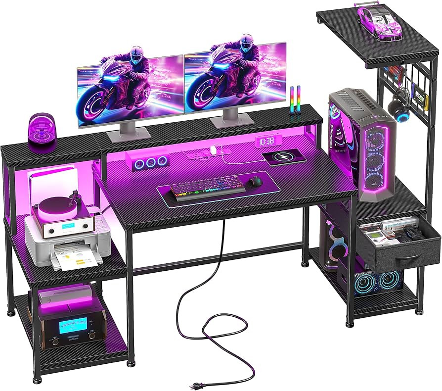 55" Gaming Desk with LED Lights & Outlets,Computer Desk with Drawers & Monitor Stand,Gaming Table... | Amazon (US)