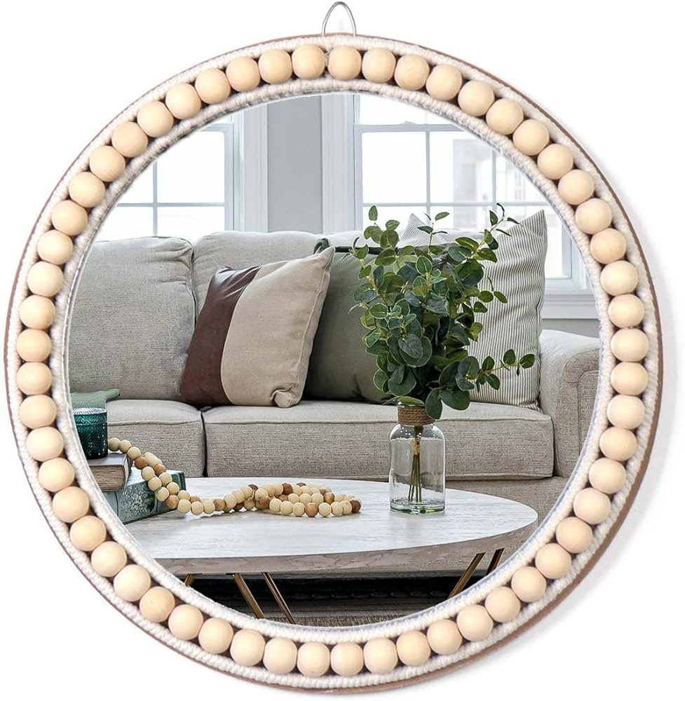 Boho Mirror Round Wall Mounted Wood Hanging Mirror, Circle Wall Decor Wooden Mirror Wall Decorati... | Amazon (US)