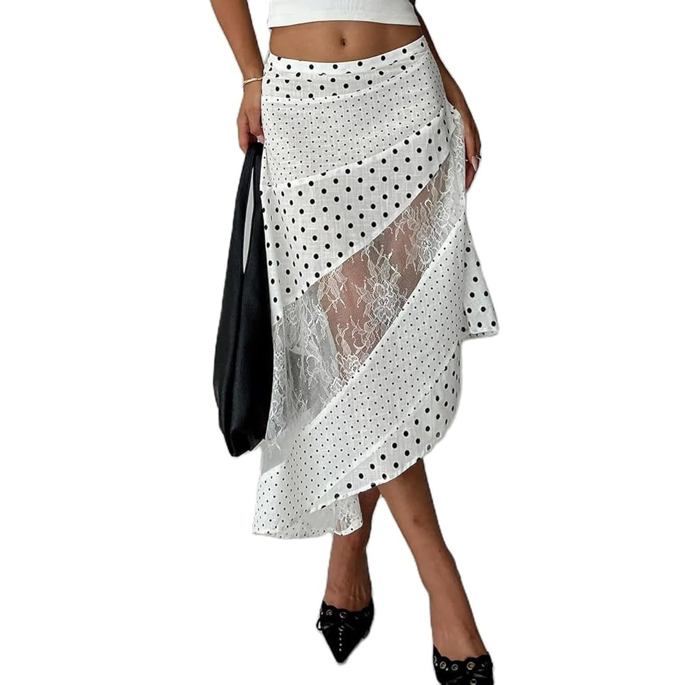 Women Y2K Maxi Skirt Coquette Hight Waist Lace Patchwork Irregular Hem Flowy Midi Skirt Summer Va... | Amazon (US)