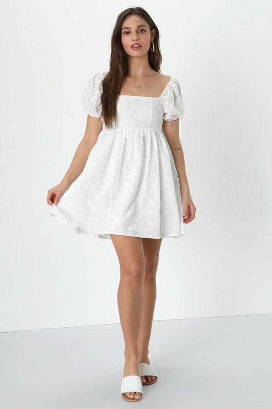 Fit to Frolic White Eyelet Lace Puff Sleeve Babydoll Dress | Lulus