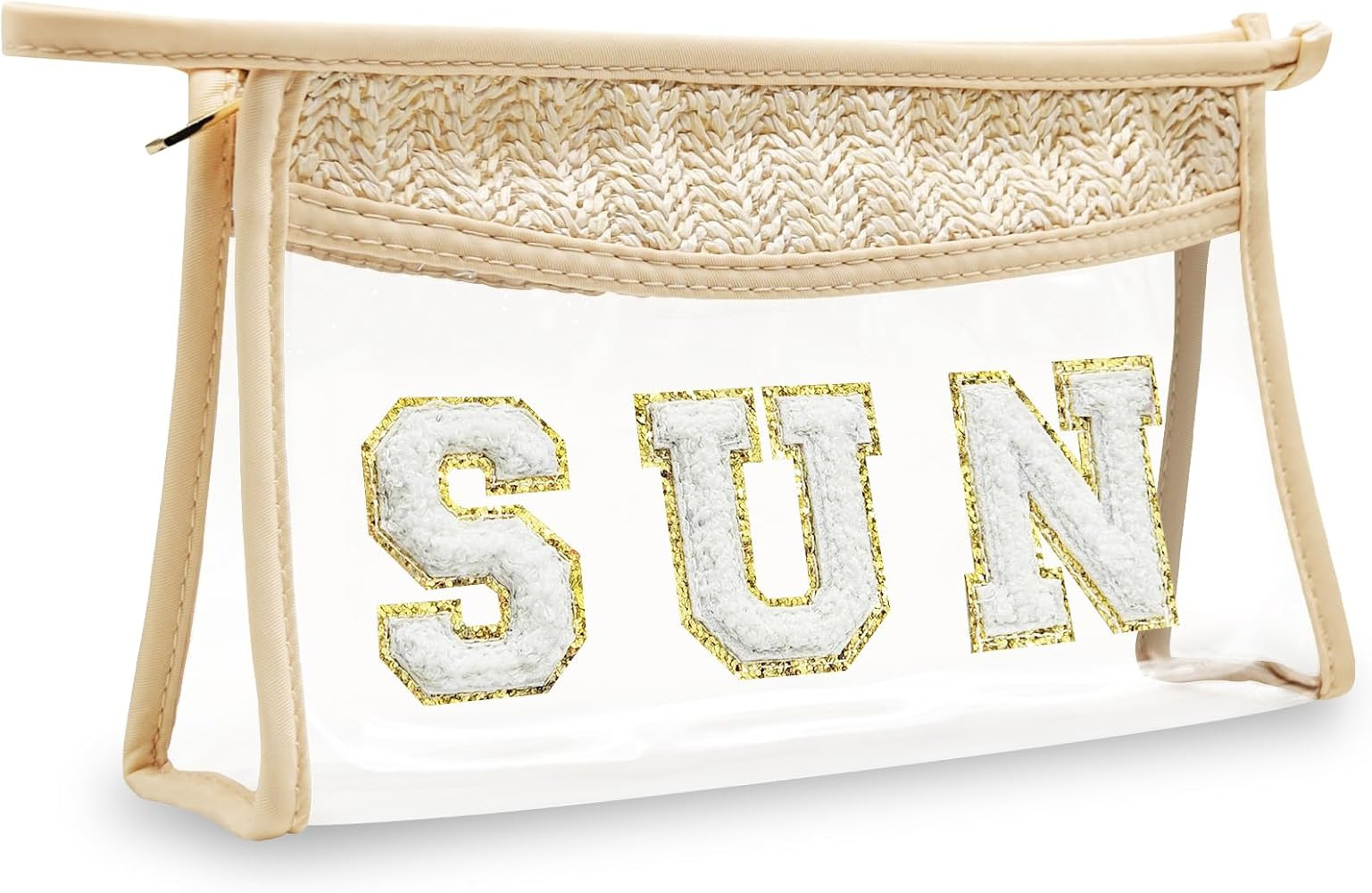 Boho Hand-woven Makeup Bag, Chenille Letter Patch Clear Travel Pouch, Rattan Straw Bag Clear Cosm... | Amazon (US)