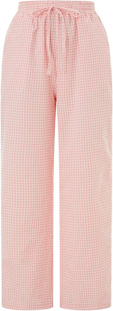 Women's Plaid Pajama Pants Y2K Gingham Wide Leg Lounge Pants High Waist Drawstring Pjs Trousers w... | Amazon (US)