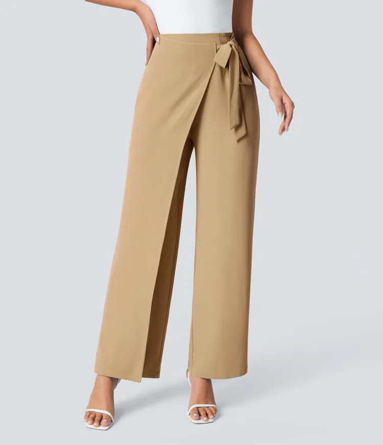 Women’s High Waisted Tie Side Wide Leg Work Pants - Halara | HALARA