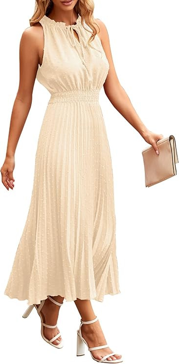 PRETTYGARDEN Women's Midi Summer Dresses Casual V Neck Swiss Dot Ruffle Sleeveless A Line Beach S... | Amazon (US)