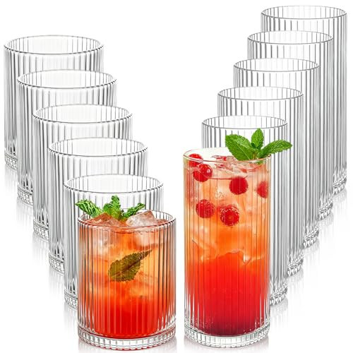 Lumkit Ribbed Drinking Glasses 12pcs, 12oz and 10oz Glassware, Tumbler Glasses Cup Set for Wedding, Party, Christmas Gift, Clear | Amazon (US)