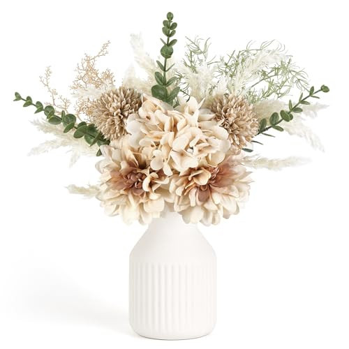 Mkono Small Artificial Flowers in Ceramic Vase Centerpieces Coffee Table Decor, Silk Flower Arrangements for Home Decor Indoor Fake Flower Bouquet for Bathroom Dining Room Kitchen (Brown, Medium) | Amazon (US)