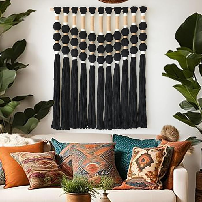 Macrame Wall Hanging Boho Wall Decor Black Fiber Yarn Wall Art Handmade Cotton Spherical Knot for... | Amazon (US)