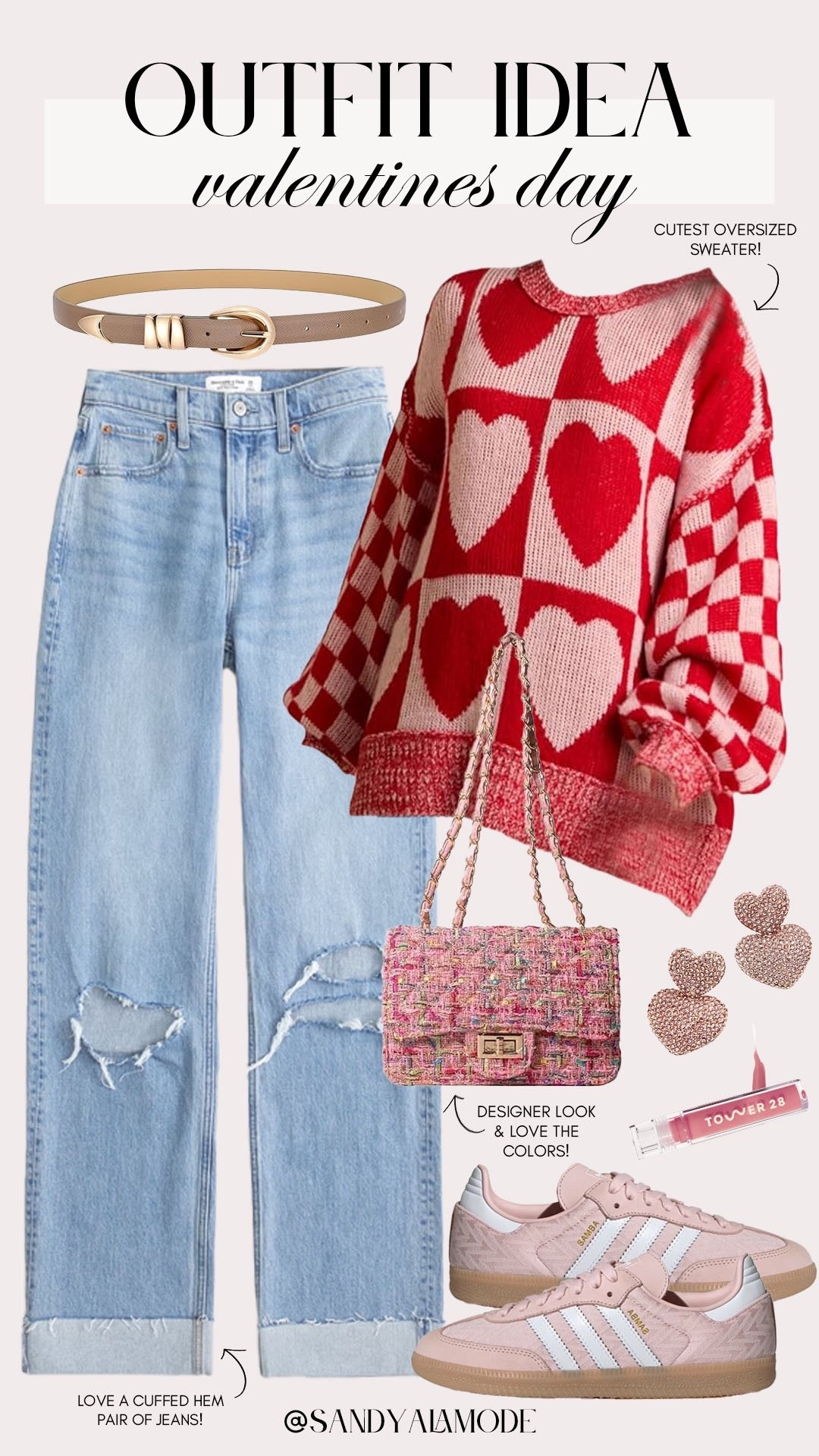 Causal Valentine’s Day outfit. Vday style. Amazon fashion. Amazon heart sweater. Oversized red pink heart sweater. Distressed cuff hem jeans. Trendy denim. Flattering denim. Amazon designer style tweed handbag. Crystal heart earrings. Valentines style  

#LTKFindsUnder100 #LTKFindsUnder50 #LTKSeasonal